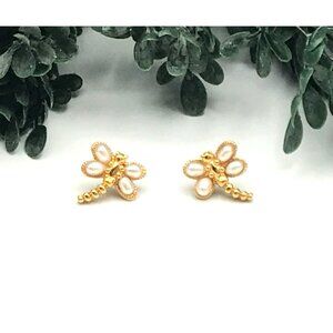 Goldtone Dragonfly Stud Earrings With Faux Pearl Accents